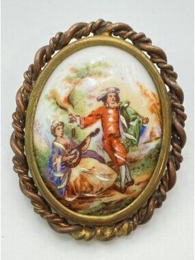 Limoges France Vintage Hand-Painted Porcelain Brooch With Ornate Gold-Tone Frame